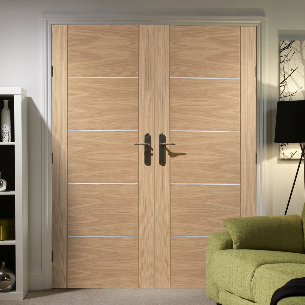 Portici Oak Flush Door Pair - Aluminium Inlay - Prefinished