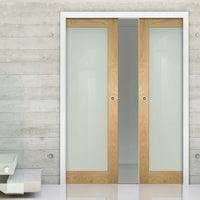 Walden Real American Oak Veneer Double Evokit Pocket Doors - Frosted Glass - Unfinished