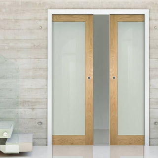 Image: Walden Real American Oak Veneer Double Evokit Pocket Doors - Frosted Glass - Unfinished