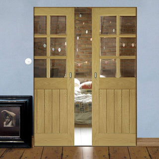 Image: Ely Oak Absolute Evokit Double Pocket Doors - Clear Bevelled Glass - Prefinished