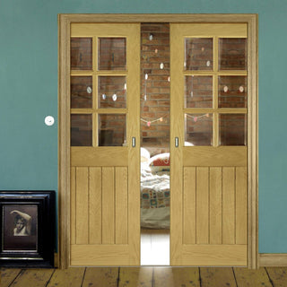 Image: Ely Oak Double Evokit Pocket Doors - Clear Bevelled Glass - Unfinished