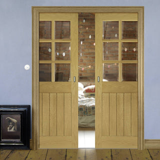 Image: Ely Real American White Oak Veneer Double Evokit Pocket Doors - Clear Bevelled Glass - Prefinished