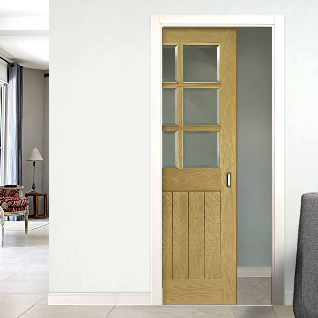 Ely Oak Single Evokit Pocket Door - Clear Bevelled Glass - Unfinished