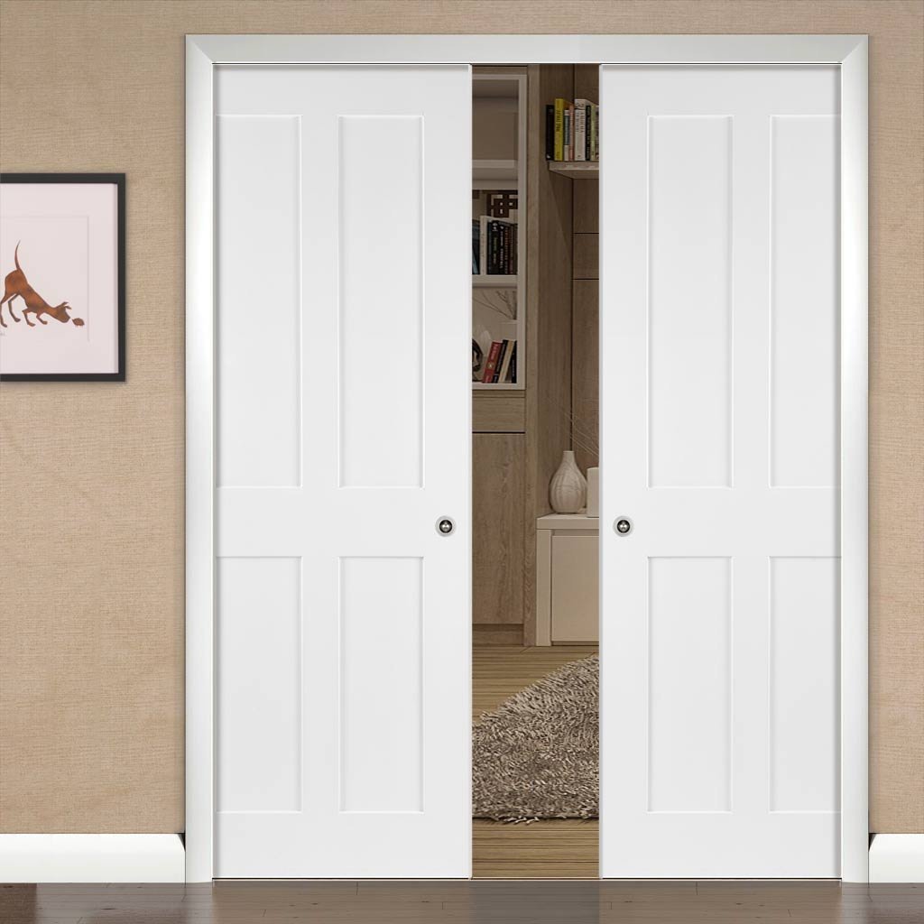 Eton Victorian Shaker Double Evokit Pocket Doors - White Primed