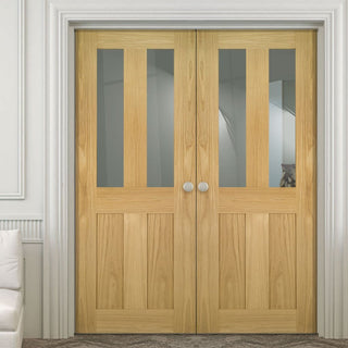 Image: Bespoke Eton Real American Oak Veneer Internal Door Pair - Clear Glass - Unfinished