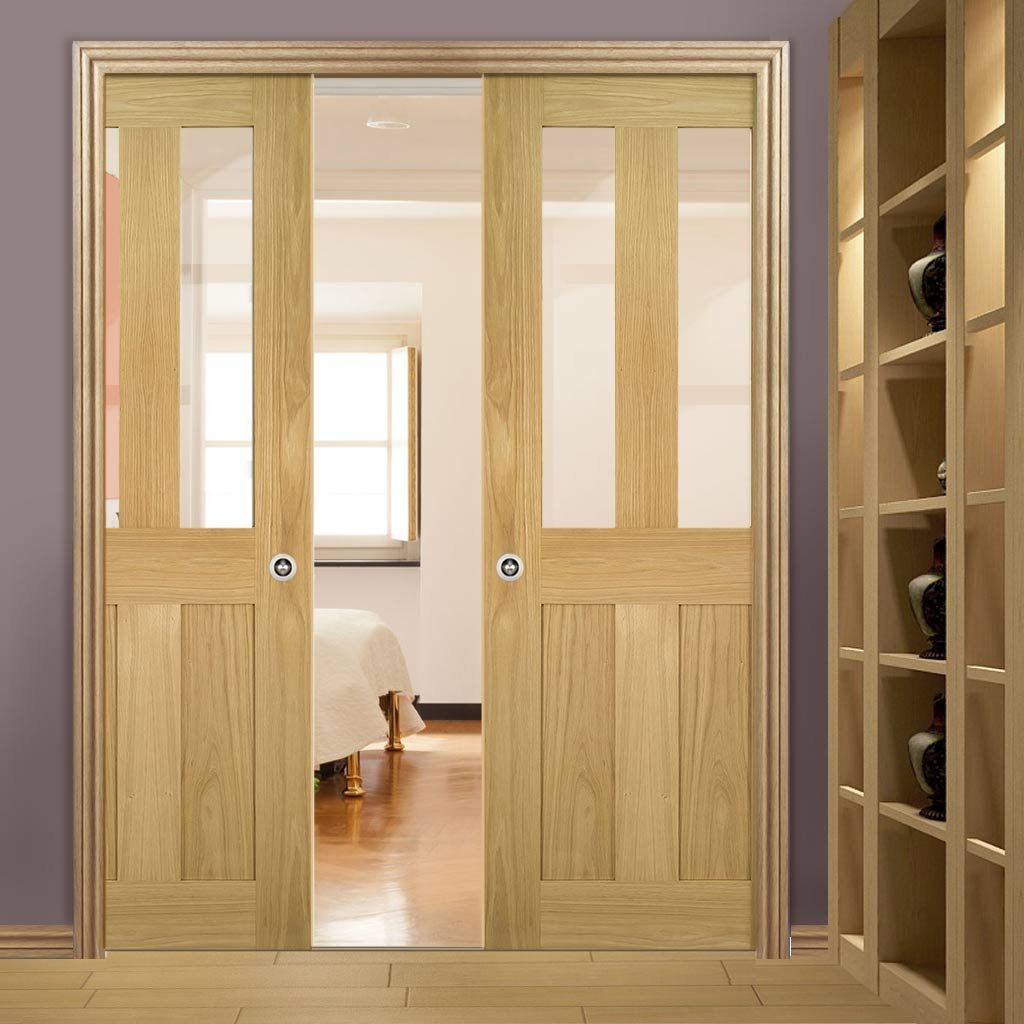 Eton Real American White Oak Veneer Double Evokit Pocket Doors - Clear Glass - Unfinished