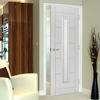 Image: J B Kind White Contemporary Barbican Fire Door Primed Flush Fire Door - Clear Glass - 1/2 Hour Fire Rated