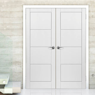Image: J B Kind Quattro Smooth Moulded Panel Fire Door Pair - 1/2 Hour Fire Rated - White Primed