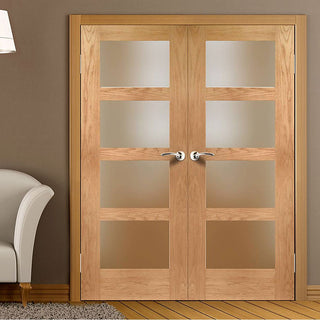 Image: Simpli Double Door Set - Shaker Oak 4 Pane Door - Obscure Glass - Prefinished