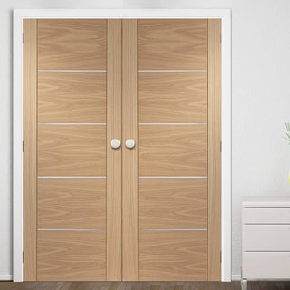 Image: Simpli Double Door Set - Portici Oak Flush Door - Aluminium Inlay - Prefinished