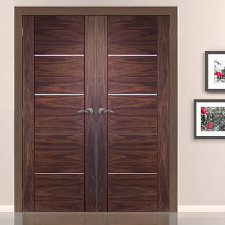 Image: FD30 Fire Pair, Portici Walnut Door Pair - Aluminium Inlay - 1/2 Hour Rated - Prefinished