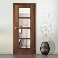 Vancouver Walnut 4 Pane Fire Door - Clear Glass - 1/2 Hour Fire Rated - Prefinished