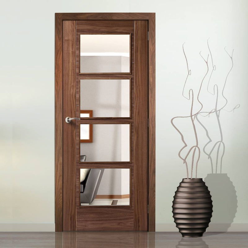 Vancouver Walnut 4 Pane Fire Door - Clear Glass - 1/2 Hour Fire Rated - Prefinished