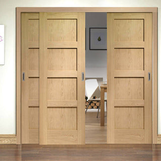 Image: Three Sliding Doors and Frame Kit - Shaker Oak 4 Panel Door - Unfinished