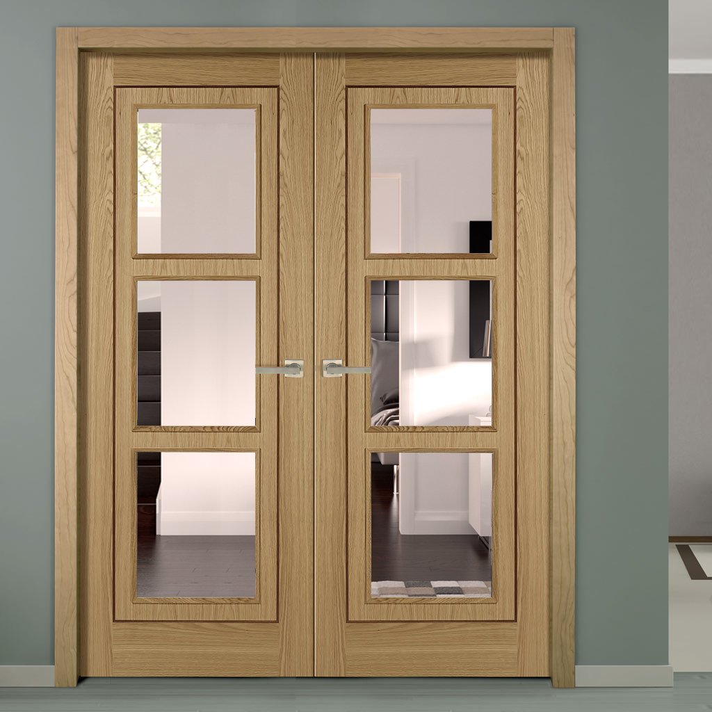 Oak 3 Pane Inlay Flush Door Pair - Clear Glass - Prefinished