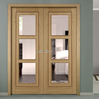 Oak 3 Pane Inlay Flush Door Pair - Clear Glass - Prefinished