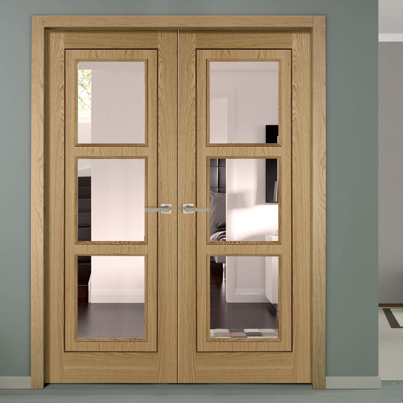 Oak 3 Pane Inlay Flush Door Pair - Clear Glass - Prefinished
