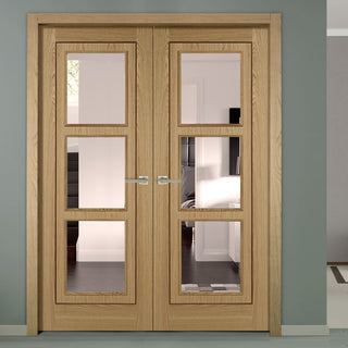 Image: Oak 3 Pane Inlay Flush Door Pair - Clear Glass - Prefinished