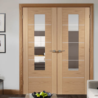 Image: Simpli Double Door Set - Portici Oak Flush Door - Aluminium Inlay - Clear Glass - Prefinished