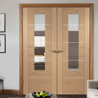 Image: Portici Oak Flush Door Pair - Aluminium Inlay - Clear Glass - Prefinished