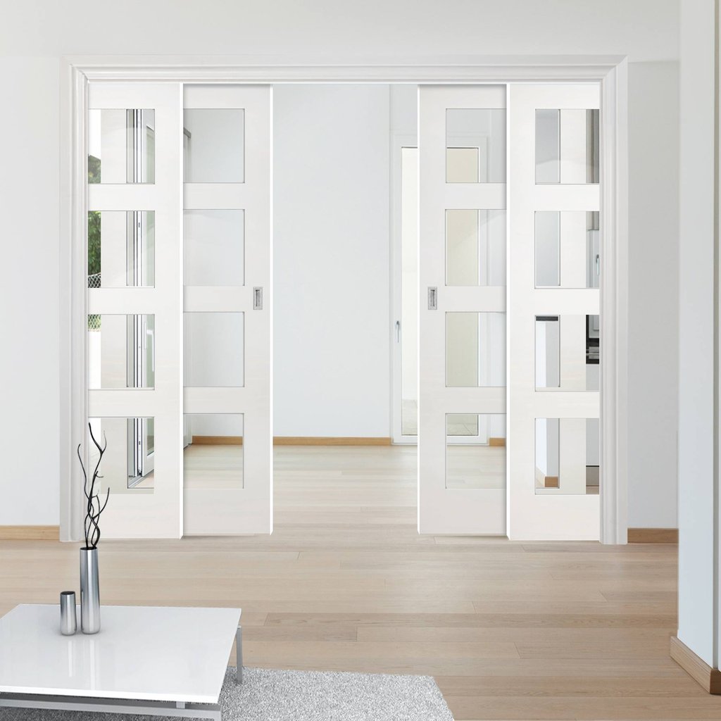 Coventry Shaker Staffetta Quad Telescopic Pocket Doors - Clear Glass - White Primed