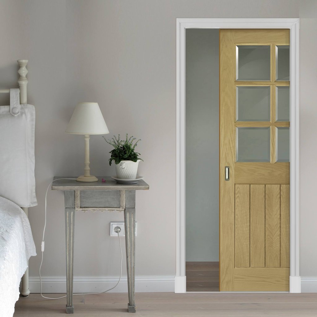 Ely Real American White Oak Veneer Single Evokit Pocket Door - Clear Bevelled Glass - Prefinished