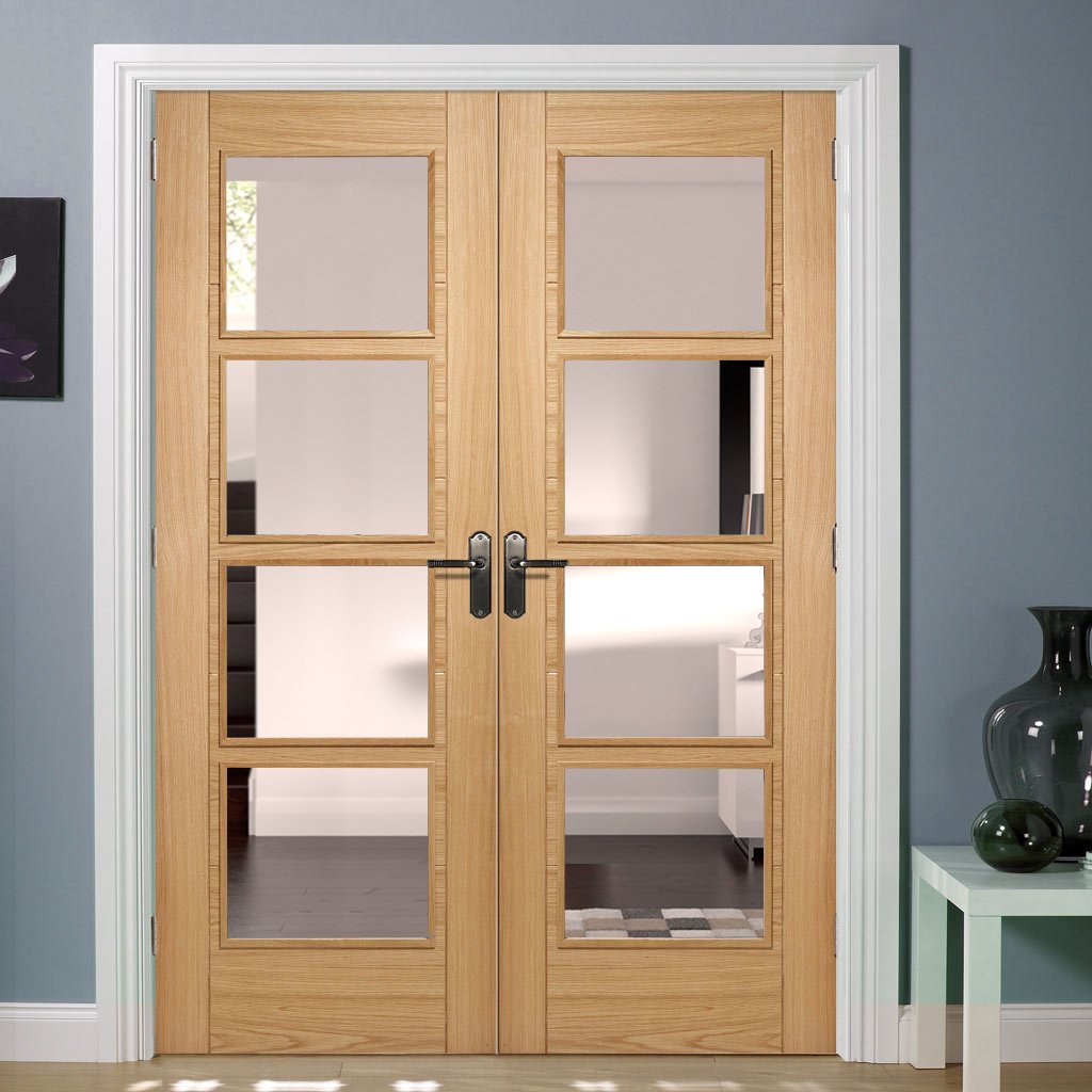 Vancouver Oak 4 Pane Door Pair - Clear Glass - Prefinished