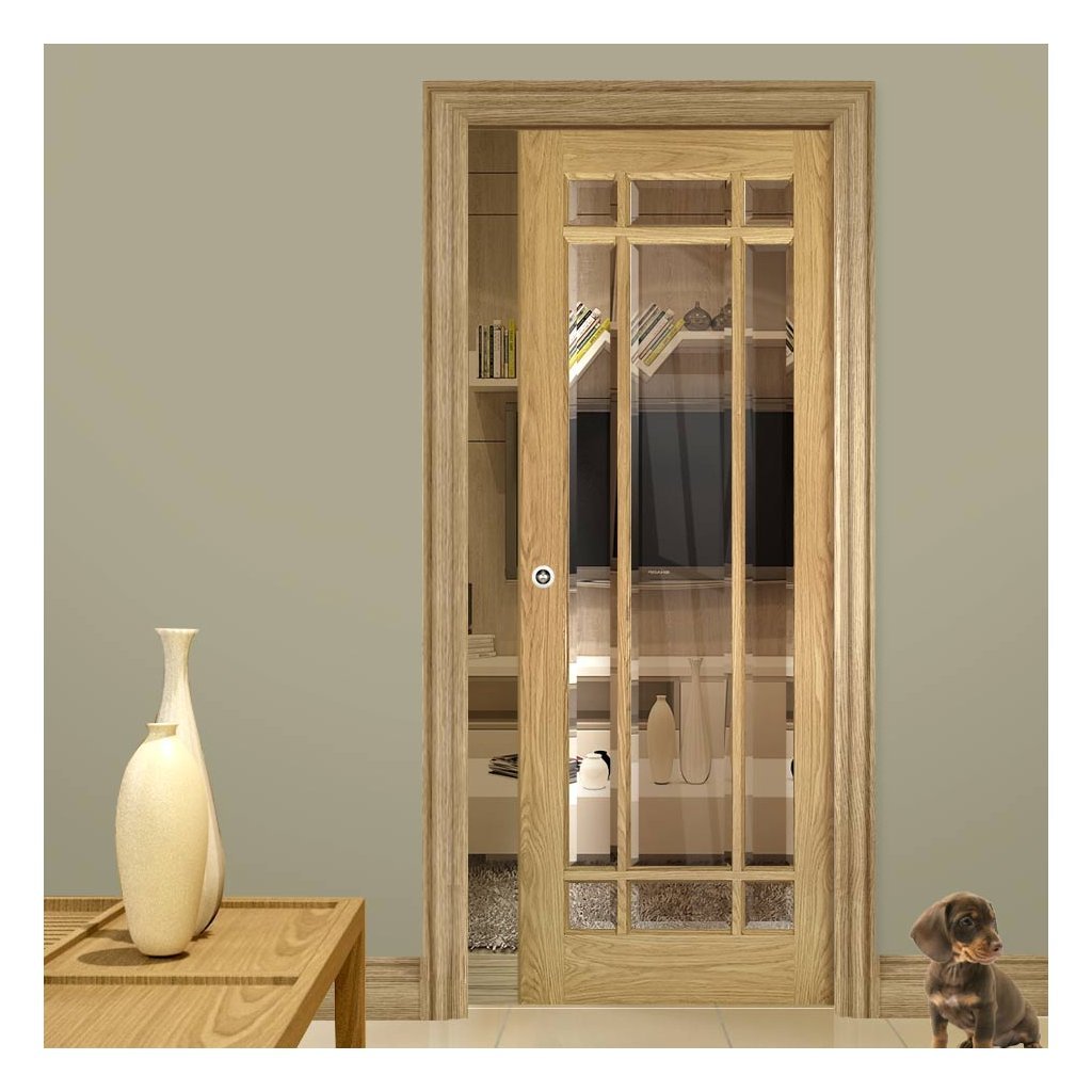 Kerry Oak Single Evokit Pocket Door - Bevelled Clear Glass - Unfinished