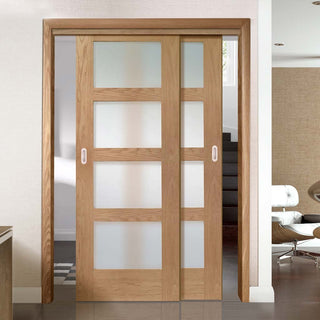 Image: Two Sliding Doors and Frame Kit - Shaker Oak Door - Obscure Glass - Unfinished