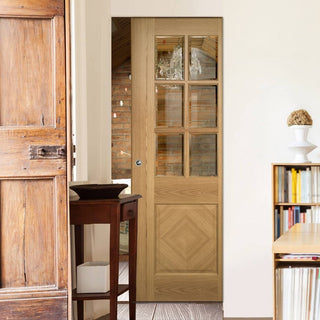 Image: Kensington Oak Panel Absolute Evokit Single Pocket Door - Clear Bevelled Glass - Prefinished