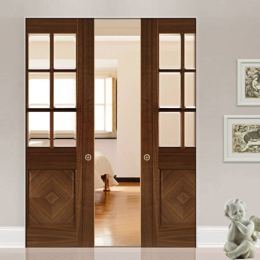 Kensington Walnut Absolute Evokit Double Pocket Doors - Clear Bevelled Glass - Prefinished