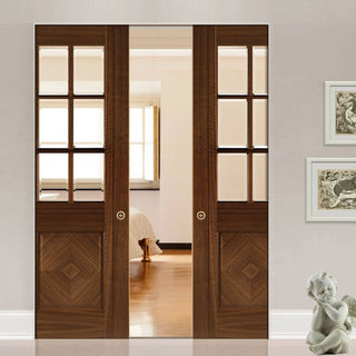 Image: Kensington Walnut Absolute Evokit Double Pocket Doors - Clear Bevelled Glass - Prefinished