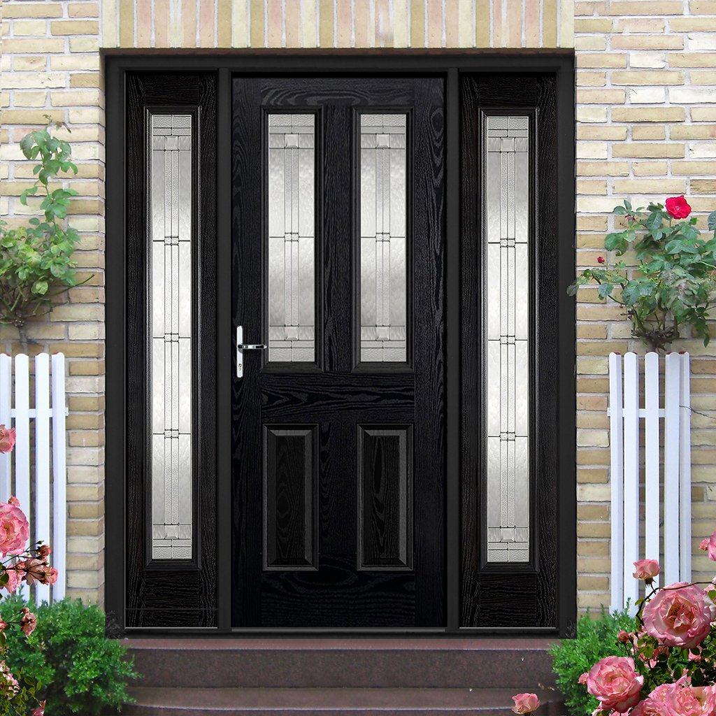 GRP Black & White Malton Leaded Double Glazed Composite Door - Two Leaded Sidelights