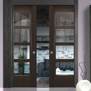 Image: Montreal Dark Grey Ash Double Evokit Pocket Doors - Clear Glass - Prefinished
