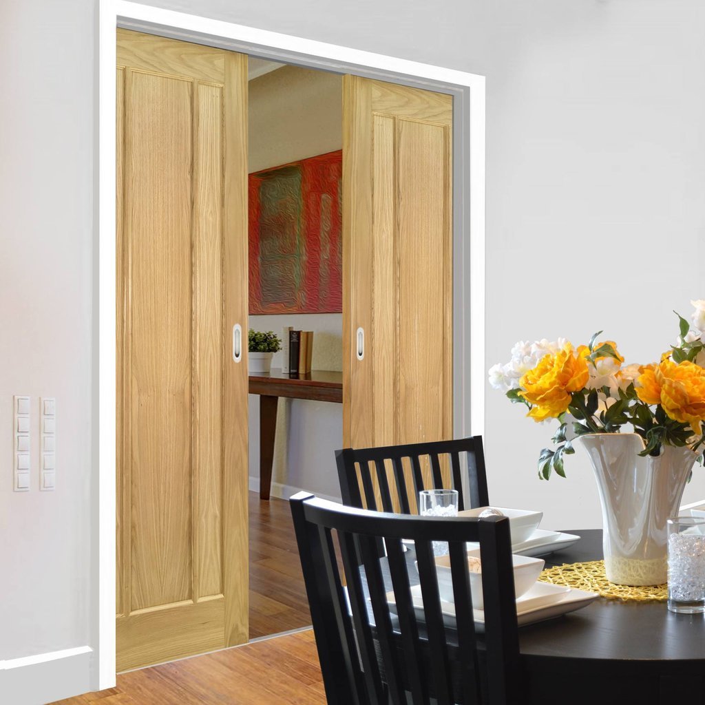 Norwich Real American Oak Veneer Double Evokit Pocket Doors - Unfinished