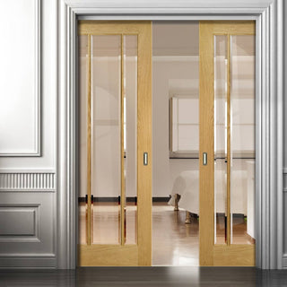 Image: Norwich Real American Oak Veneer Double Evokit Pocket Doors - Clear Bevelled Glass - Unfinished