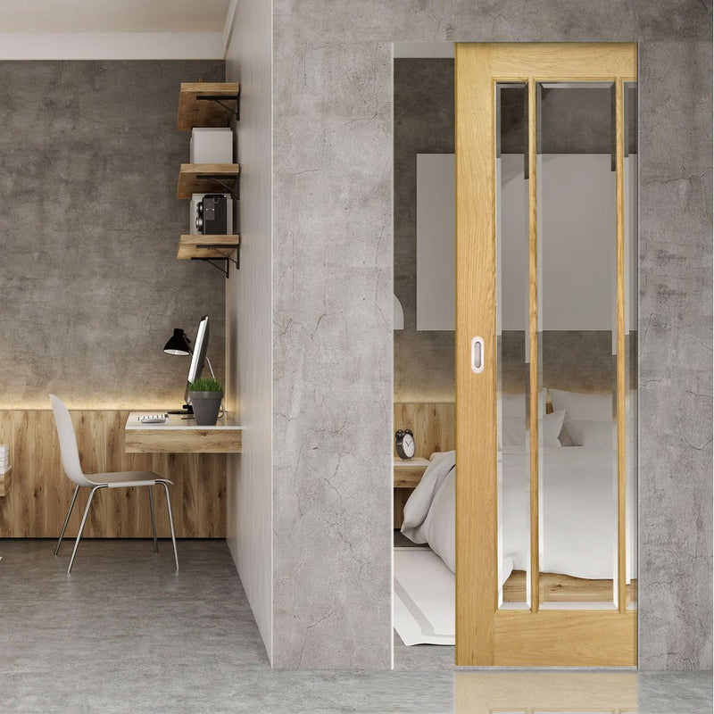 Norwich Oak Absolute Evokit Single Pocket Door - Clear Bevelled Glass - Unfinished