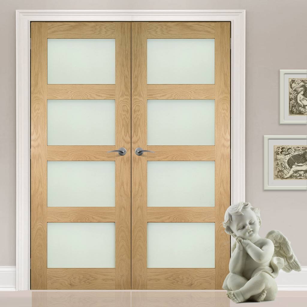 Bespoke Coventry Shaker Style Oak Internal Door Pair - Frosted Glass - Unfinished