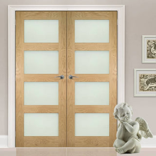 Image: Bespoke Coventry Shaker Style Oak Internal Door Pair - Frosted Glass - Unfinished