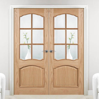 Image: Riviera Oak Door Pair - Raised Mouldings - Bevelled Clear Glass