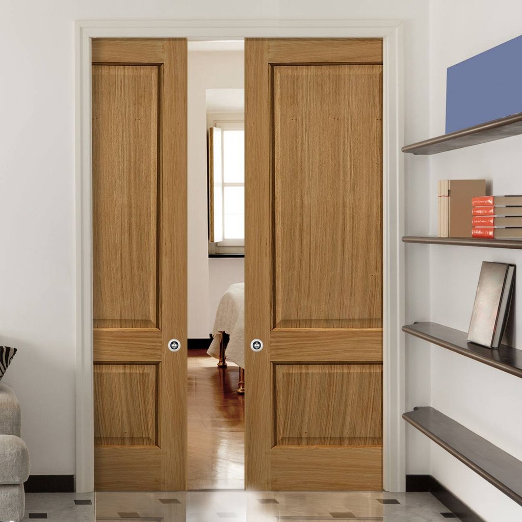 Oak Trent 2 Panel Double Evokit Pocket Doors - Prefinished