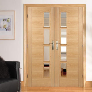 Image: Vancouver Oak 4 Pane Door Pair - Clear Glass Offset - Prefinished