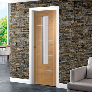 Image: Simpli Door Set - Portici Oak Flush Door - Aluminium Inlay - Clear Glass - Prefinished