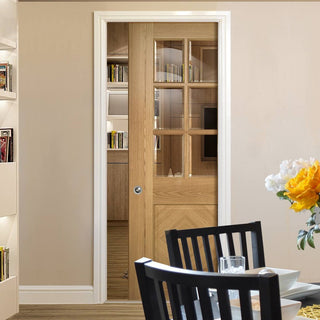 Image: Kensington Oak Panel Single Evokit Pocket Door - Clear Bevelled Glass - Prefinished