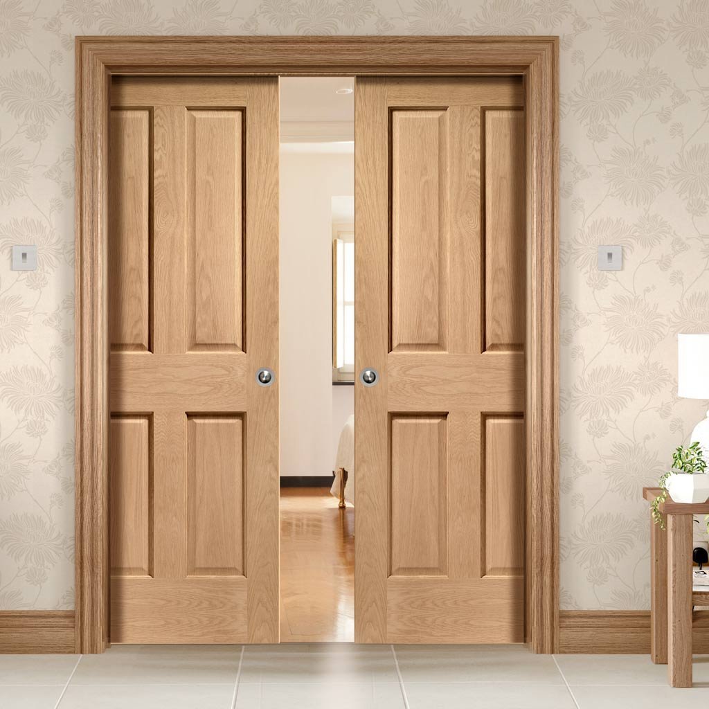 Victorian Oak 4 Panel Double Evokit Pocket Doors - No Raised Moulding