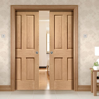 Image: Victorian Oak 4 Panel Double Evokit Pocket Doors - No Raised Moulding