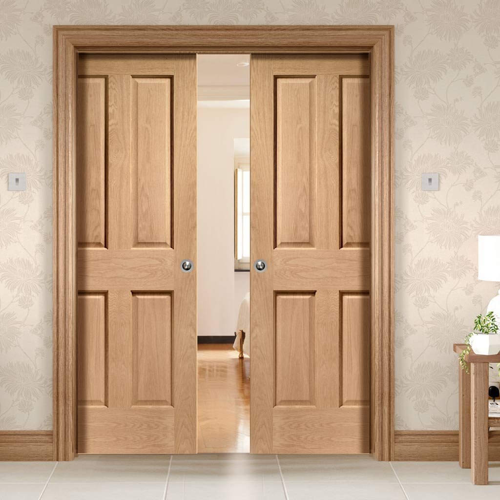 Bespoke Victorian Oak 4 Panel Double Pocket Door - No Raised Mouldings
