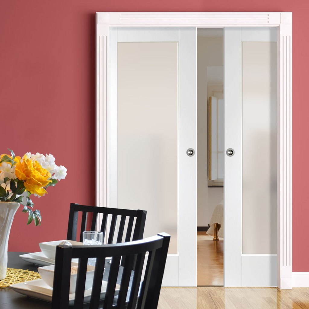 Pattern 10 Full Pane Double Evokit Pocket Doors - Frosted Glass - Primed