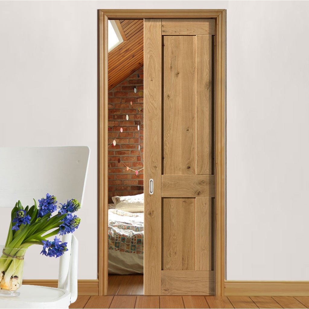 Rustic Oak Shaker 4 Panel Single Evokit Pocket Door - Prefinished