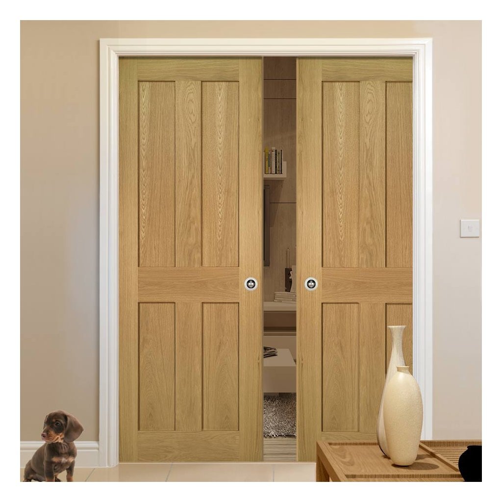 Eton Real American White Oak Veneer Double Evokit Pocket Doors - Unfinished